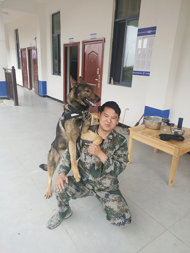 戍邊警犬野狼與聯(lián)防員親密互動(dòng)。騰沖市公安局供圖