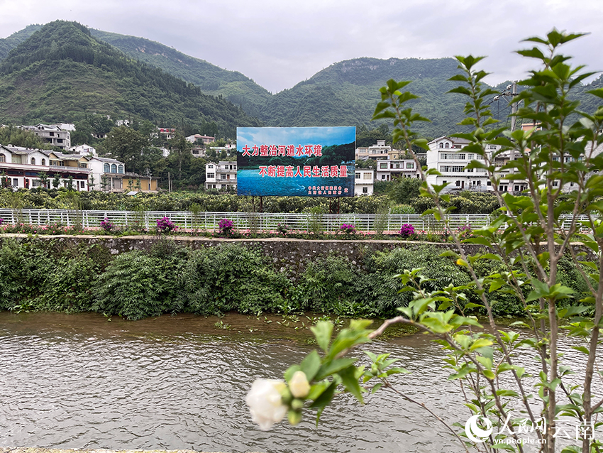 岸邊豎著保護(hù)河道的宣傳牌。人民網(wǎng)記者 程浩攝