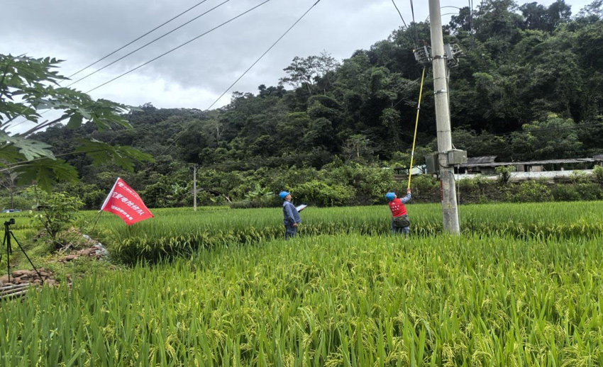 磨憨供電所抗災復電搶修隊在龍門村倒桿現場進行搶修。姜孟攝